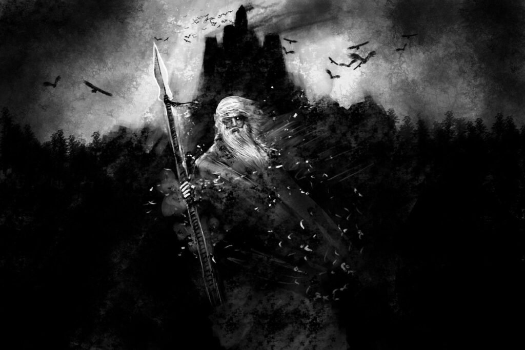odin-خدای خدایان که همیشه با ردایی و کلاغ روی شونه اش دیده میشود